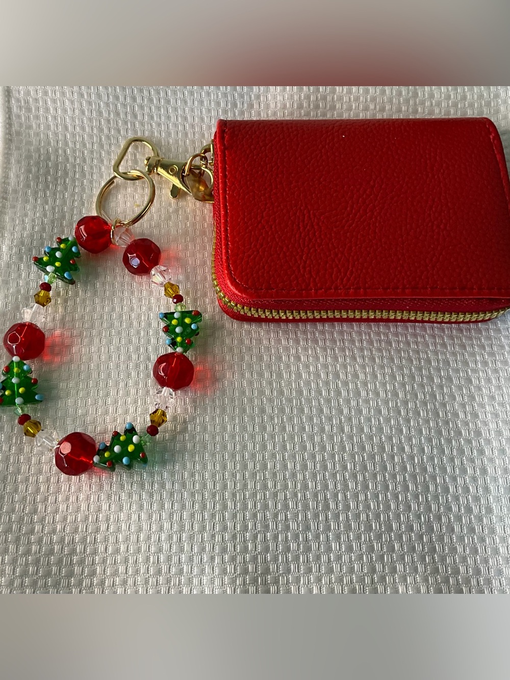 Red Leather Zip Wristlet Keychain with Beaded Charm